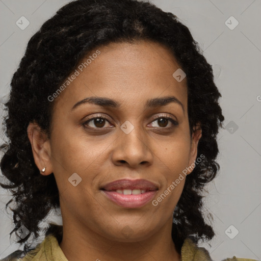 Joyful black young-adult female with medium  brown hair and brown eyes