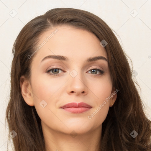 Neutral white young-adult female with long  brown hair and brown eyes