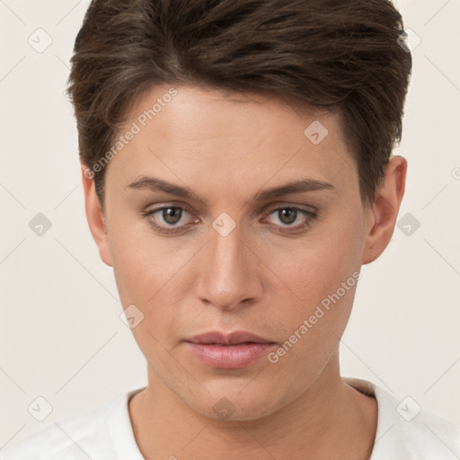 Neutral white young-adult female with short  brown hair and brown eyes