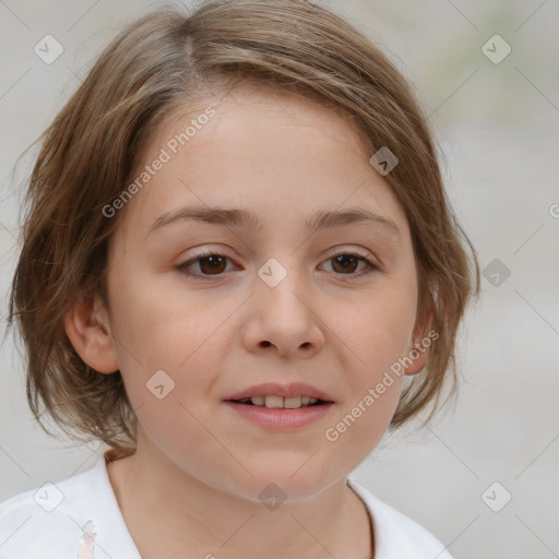 Joyful white child female with medium  brown hair and brown eyes