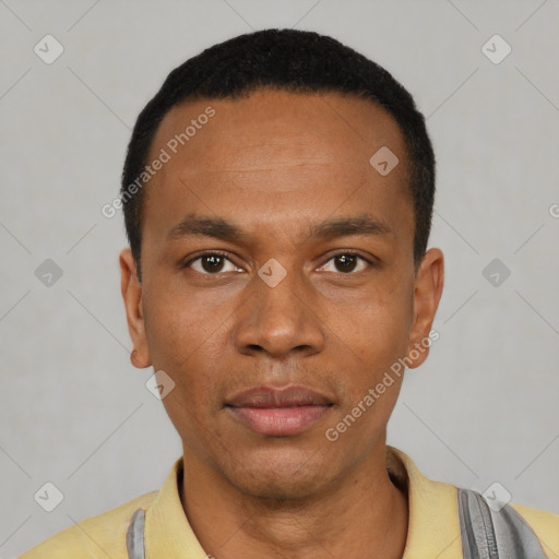 Neutral latino young-adult male with short  black hair and brown eyes