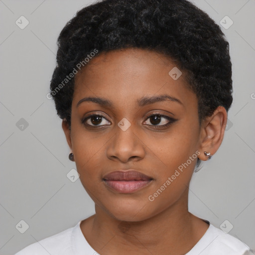 Neutral black young-adult female with short  black hair and brown eyes