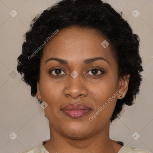 Joyful latino adult female with short  black hair and brown eyes