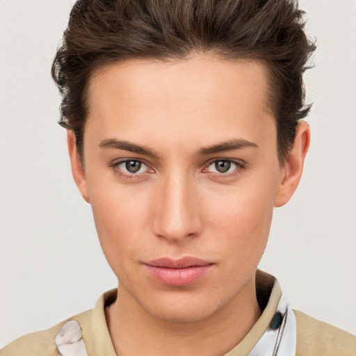 Neutral white young-adult female with short  brown hair and brown eyes