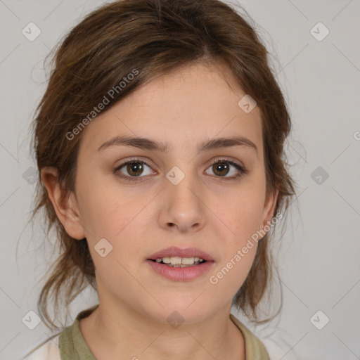 Neutral white young-adult female with medium  brown hair and brown eyes