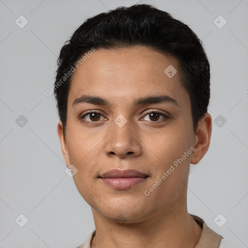 Joyful latino young-adult female with short  black hair and brown eyes