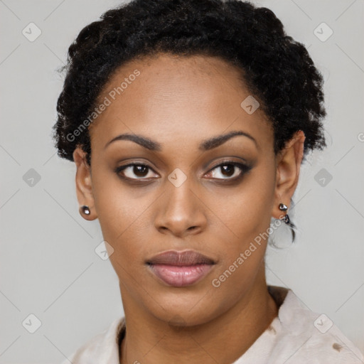 Neutral black young-adult female with short  black hair and brown eyes