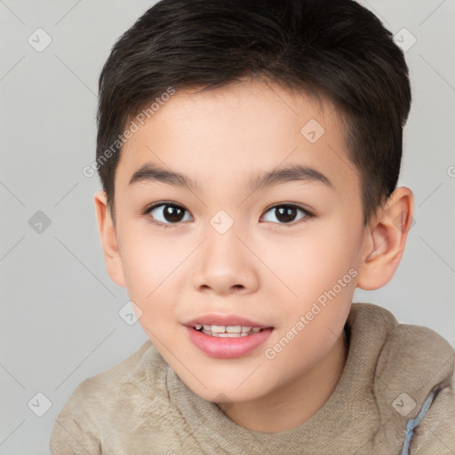 Joyful white child female with short  brown hair and brown eyes