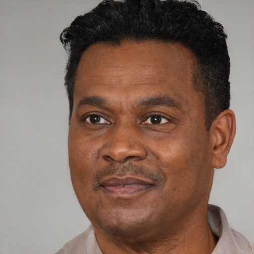 Joyful black adult male with short  black hair and brown eyes