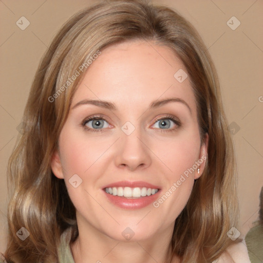 Joyful white young-adult female with medium  brown hair and green eyes