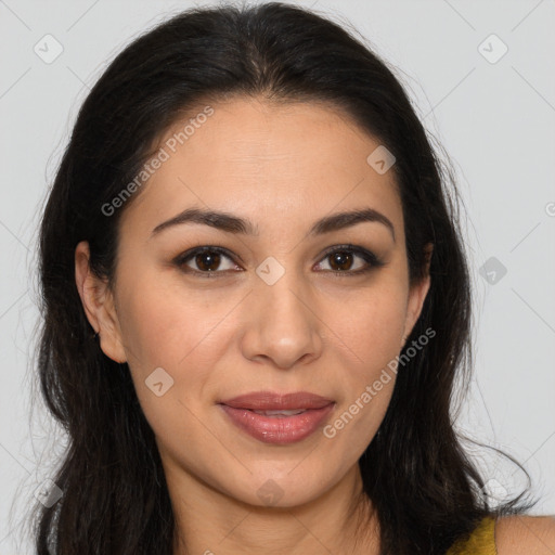 Joyful latino young-adult female with long  brown hair and brown eyes