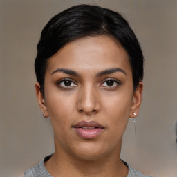 Neutral asian young-adult female with short  black hair and brown eyes