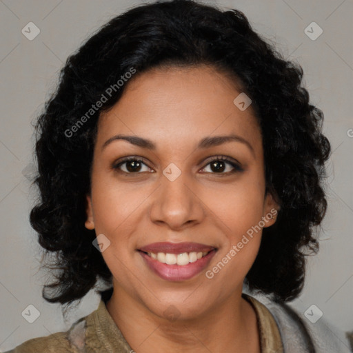 Joyful latino young-adult female with medium  black hair and brown eyes