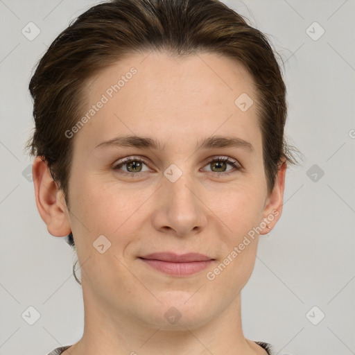 Joyful white young-adult female with short  brown hair and brown eyes