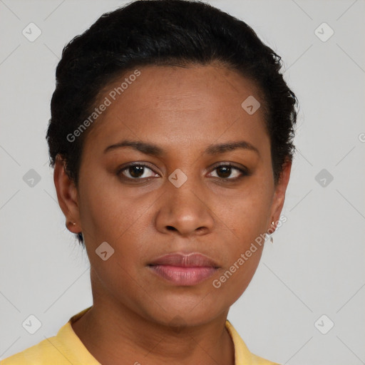 Neutral black young-adult female with short  brown hair and brown eyes