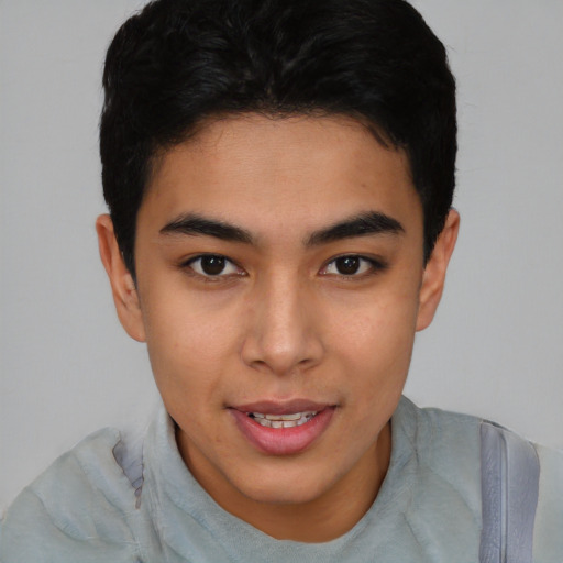 Joyful latino young-adult female with short  black hair and brown eyes