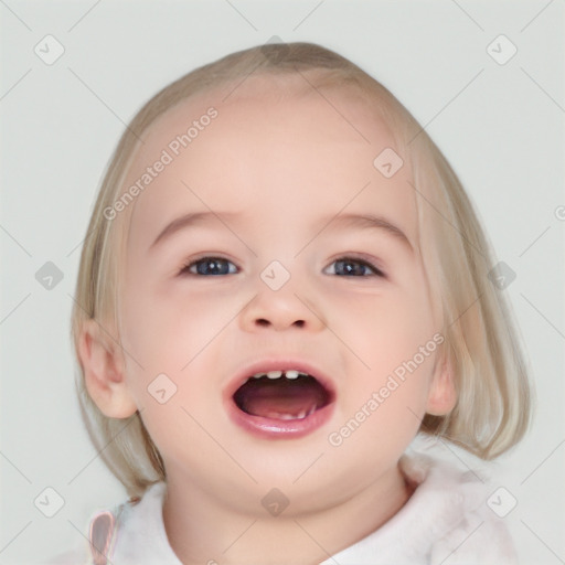 Joyful white child female with medium  brown hair and blue eyes