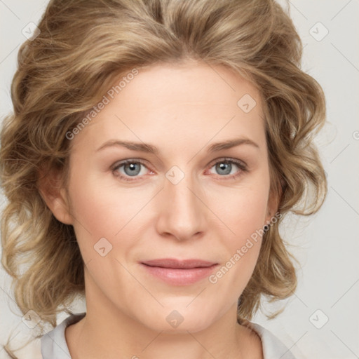 Joyful white young-adult female with medium  brown hair and blue eyes