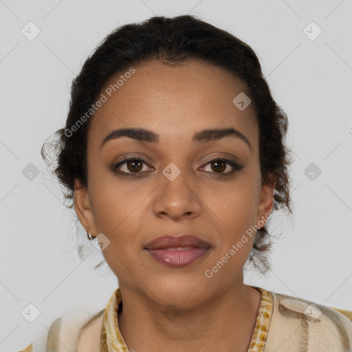 Joyful latino young-adult female with long  brown hair and brown eyes