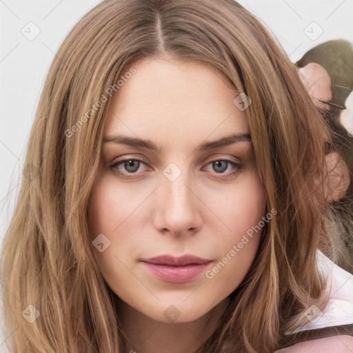 Neutral white young-adult female with medium  brown hair and brown eyes