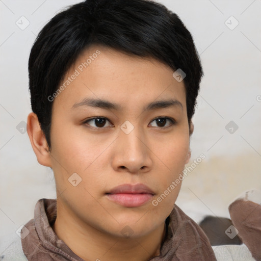 Neutral asian young-adult female with short  brown hair and brown eyes