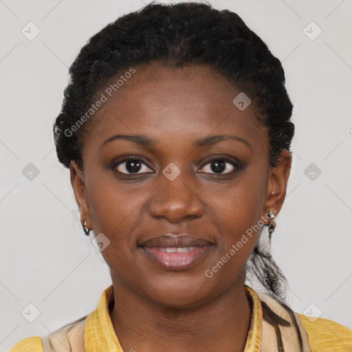 Joyful latino young-adult female with short  black hair and brown eyes