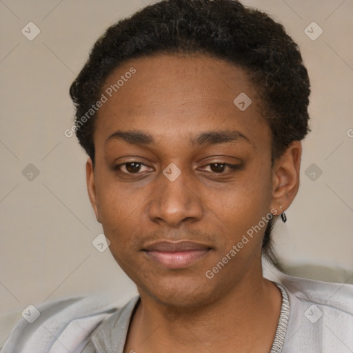 Neutral black young-adult male with short  black hair and brown eyes