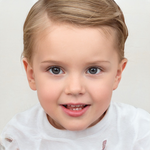 Joyful white child female with short  brown hair and brown eyes