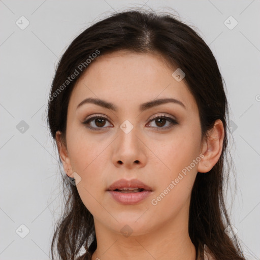 Neutral asian young-adult female with long  brown hair and brown eyes