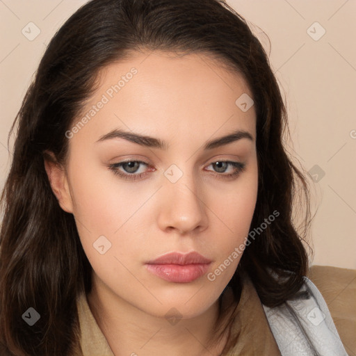 Neutral white young-adult female with long  brown hair and brown eyes