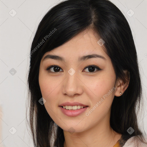 Joyful asian young-adult female with medium  black hair and brown eyes