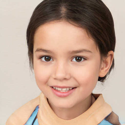 Joyful white child female with medium  brown hair and brown eyes