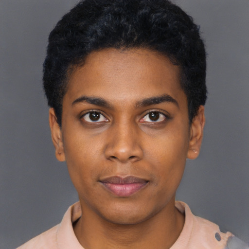 Neutral black young-adult female with short  black hair and brown eyes