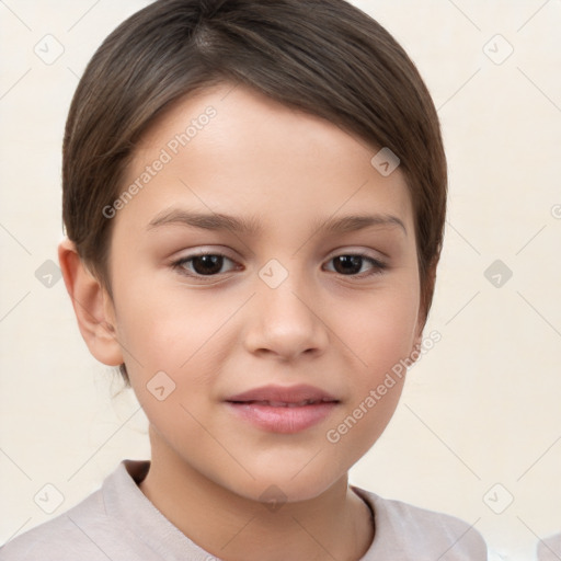 Joyful white child female with short  brown hair and brown eyes