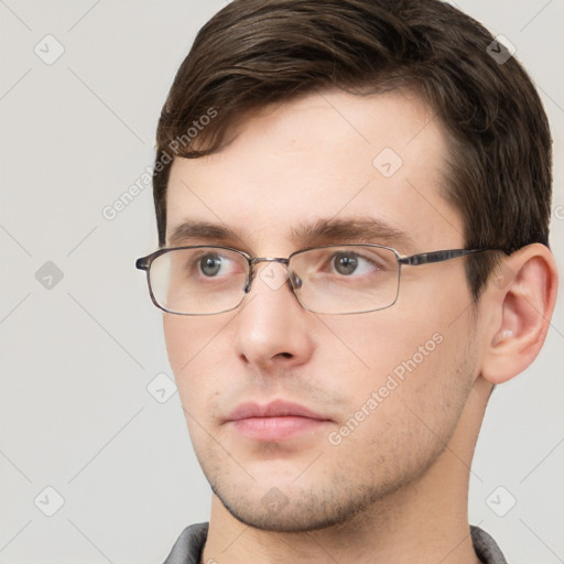 Neutral white young-adult male with short  brown hair and brown eyes