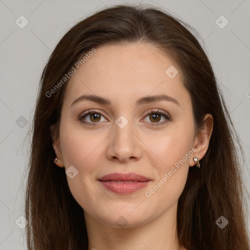 Joyful white young-adult female with long  brown hair and grey eyes