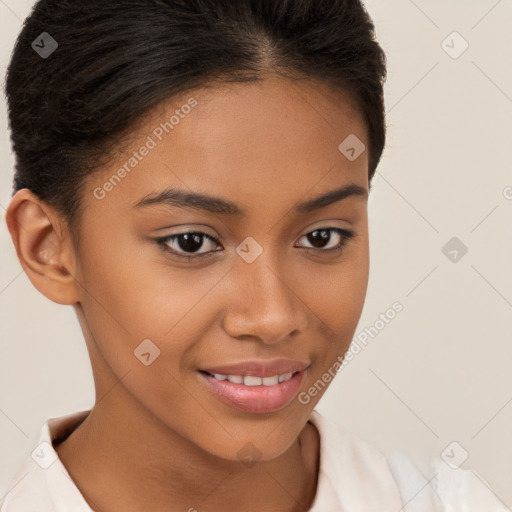 Joyful latino young-adult female with short  brown hair and brown eyes