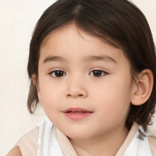 Joyful white child female with medium  brown hair and brown eyes