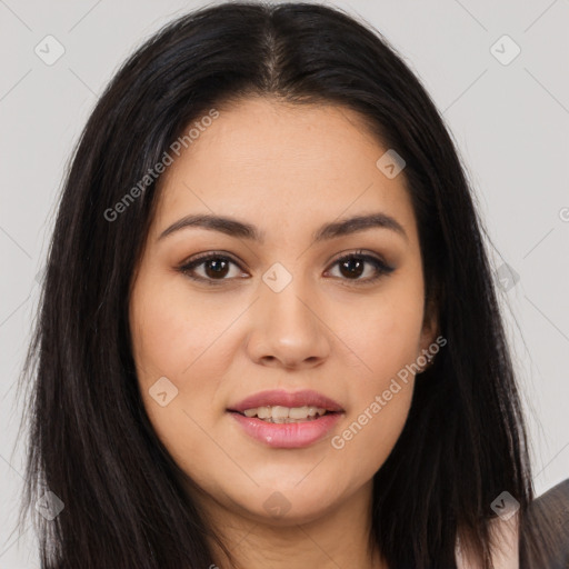 Joyful asian young-adult female with long  brown hair and brown eyes