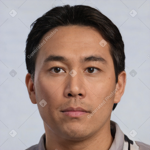 Neutral asian young-adult male with short  brown hair and brown eyes