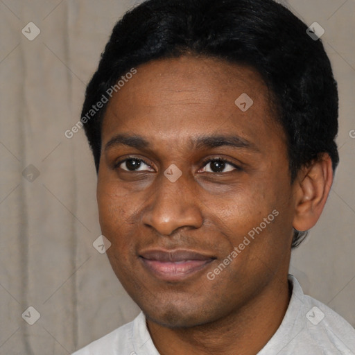 Joyful black young-adult male with short  black hair and brown eyes