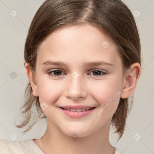 Joyful white child female with medium  brown hair and brown eyes