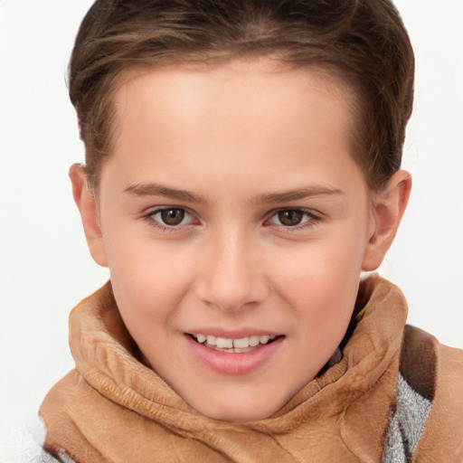 Joyful white child female with short  brown hair and brown eyes