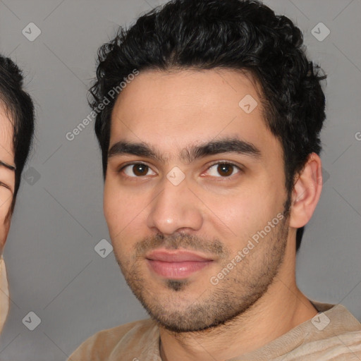 Joyful white young-adult male with short  black hair and brown eyes