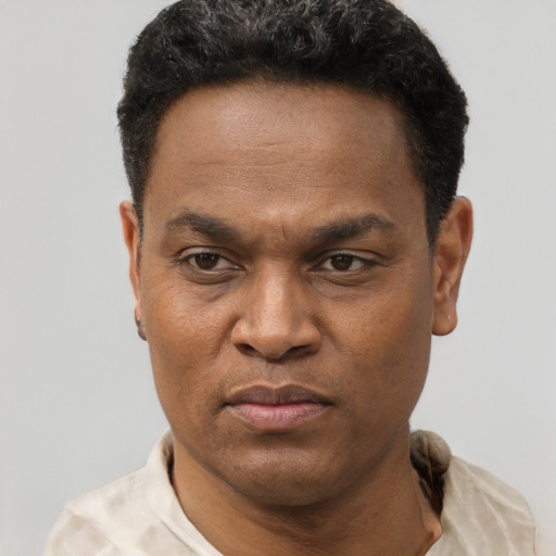 Neutral black adult male with short  black hair and brown eyes