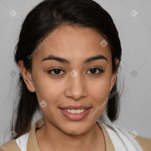 Joyful latino young-adult female with medium  brown hair and brown eyes