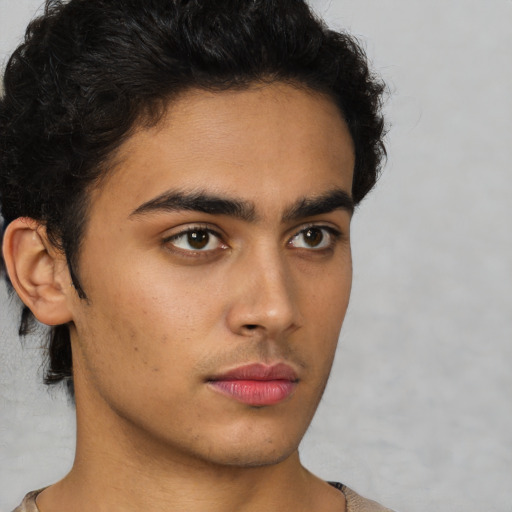 Neutral latino young-adult male with short  brown hair and brown eyes