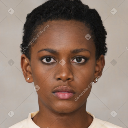 Neutral black young-adult female with short  black hair and brown eyes