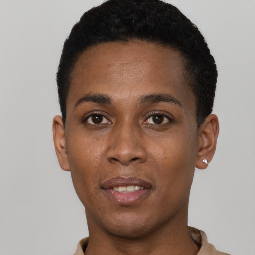 Neutral black young-adult male with short  black hair and brown eyes