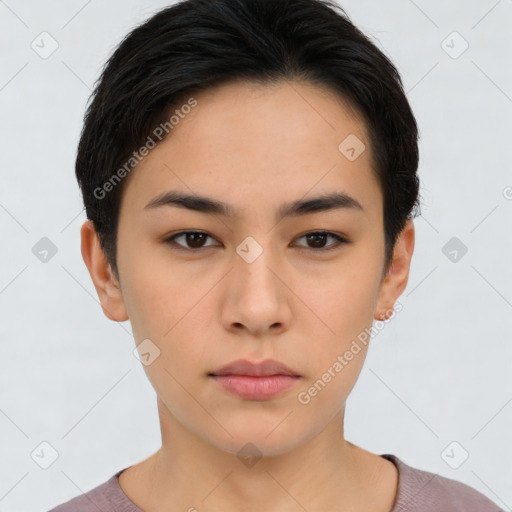 Neutral asian young-adult female with short  brown hair and brown eyes